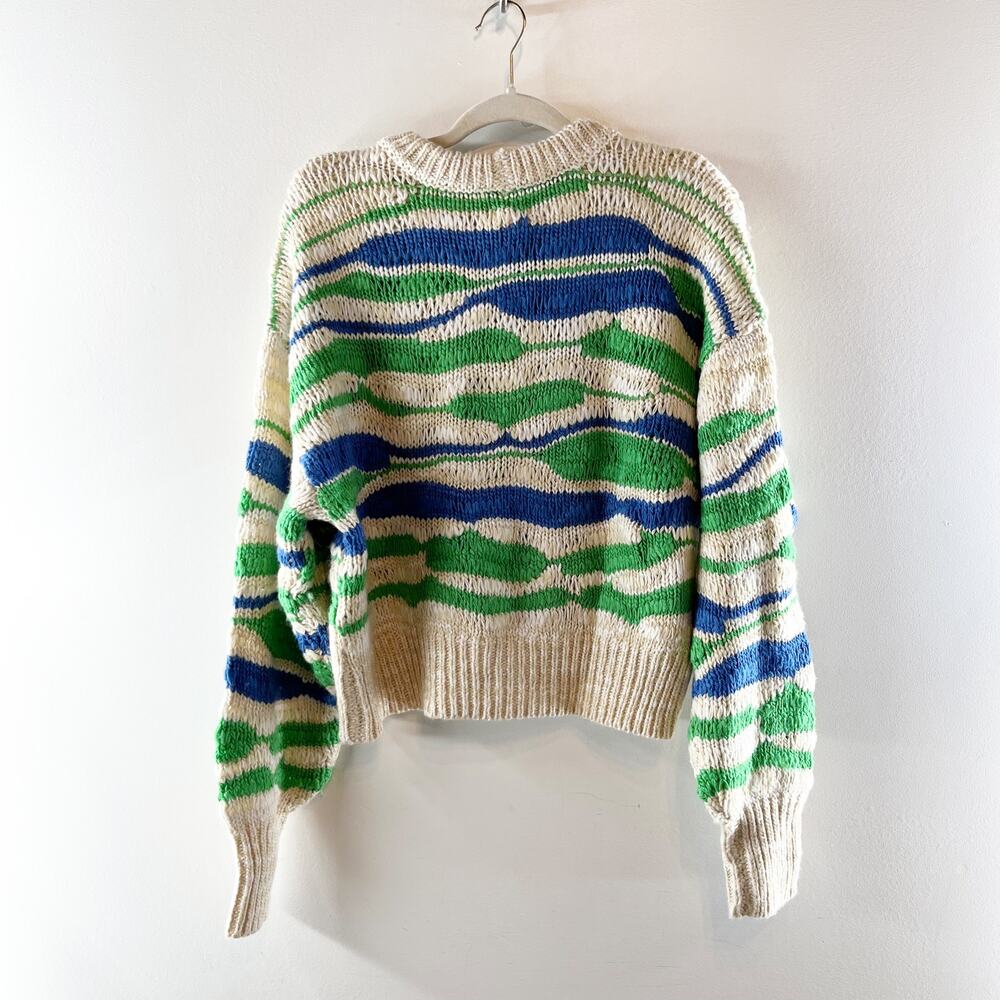 Aerie Long Sleeve Crewneck Chunky Knit Sweater Tan Green Blue Small - Picture 4 of 4
